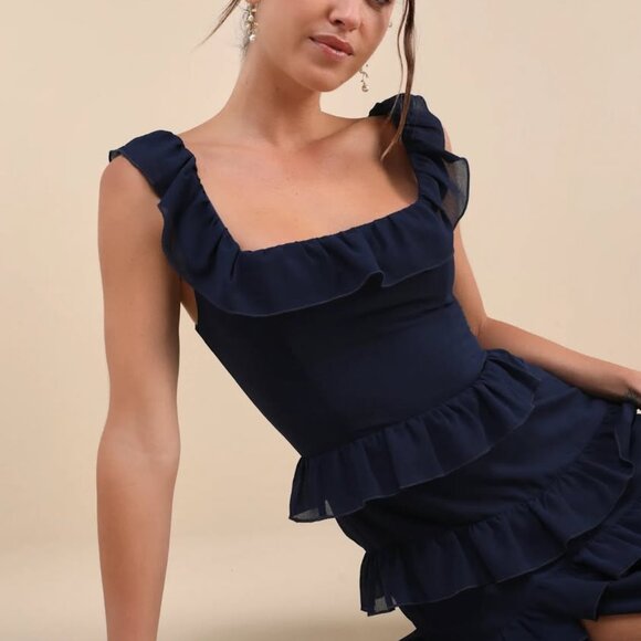 Lulus Compelling Romantic Ruffled Tiered Maxi Dress, Size L in Dark Blue - Picture 4 of 7